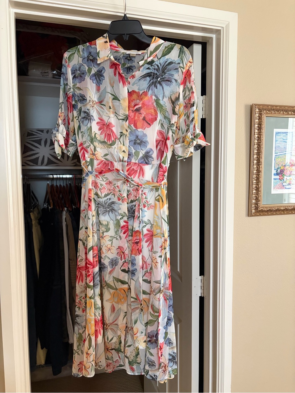 Calvin Klein White Floral Button-Front Tie-Waist Midi Dress